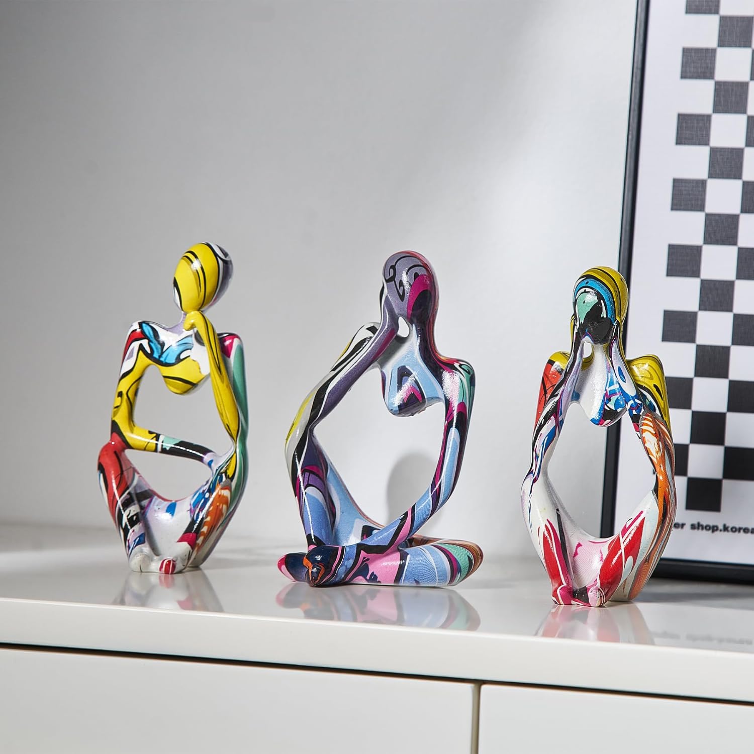 Handmade Art Figurines / Colorful Thinker Statue / Set of 3
