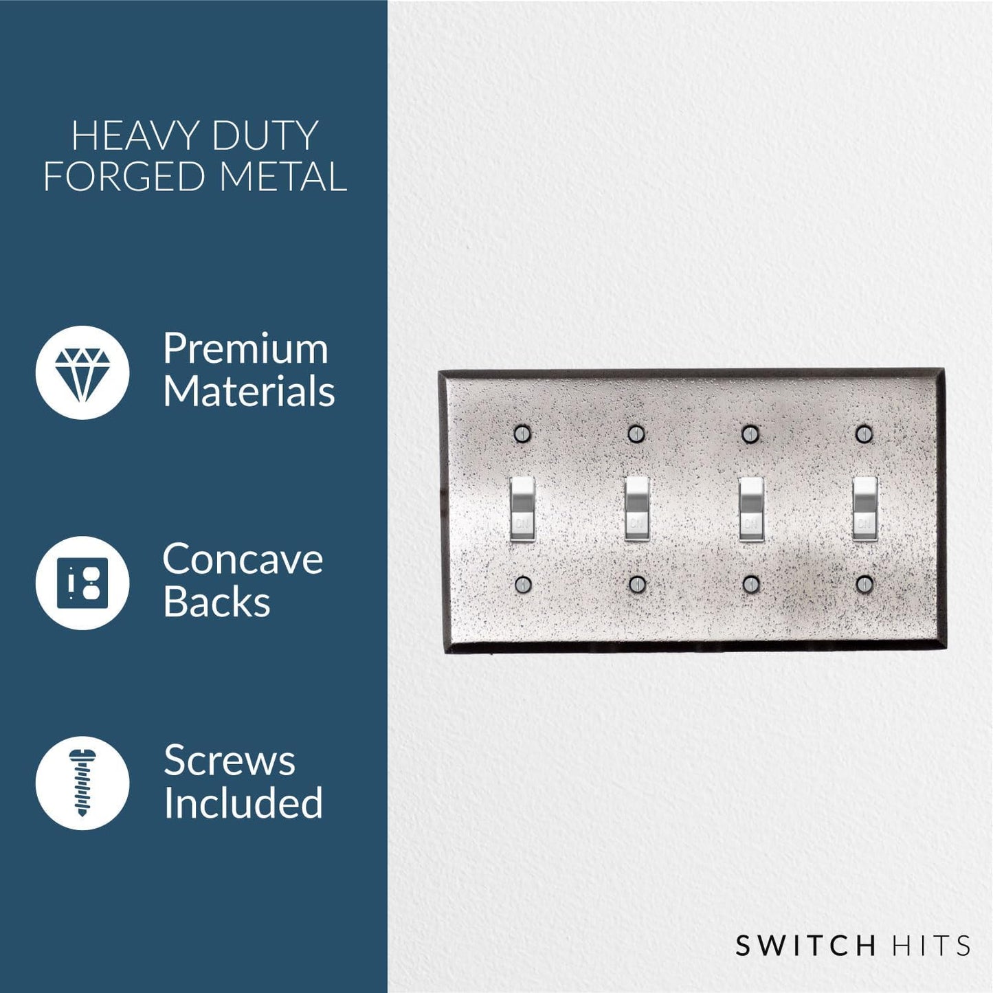 Distressed Antique Pewter Outlet Wall Plate | 4 Toggle | 8.25" x 4.5" | Hand-Polished Brass Construction | Electrical