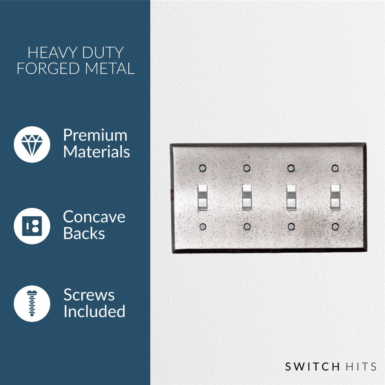 Distressed Antique Pewter Outlet Wall Plate | 4 Toggle | 8.25" x 4.5" | Hand-Polished Brass Construction | Electrical