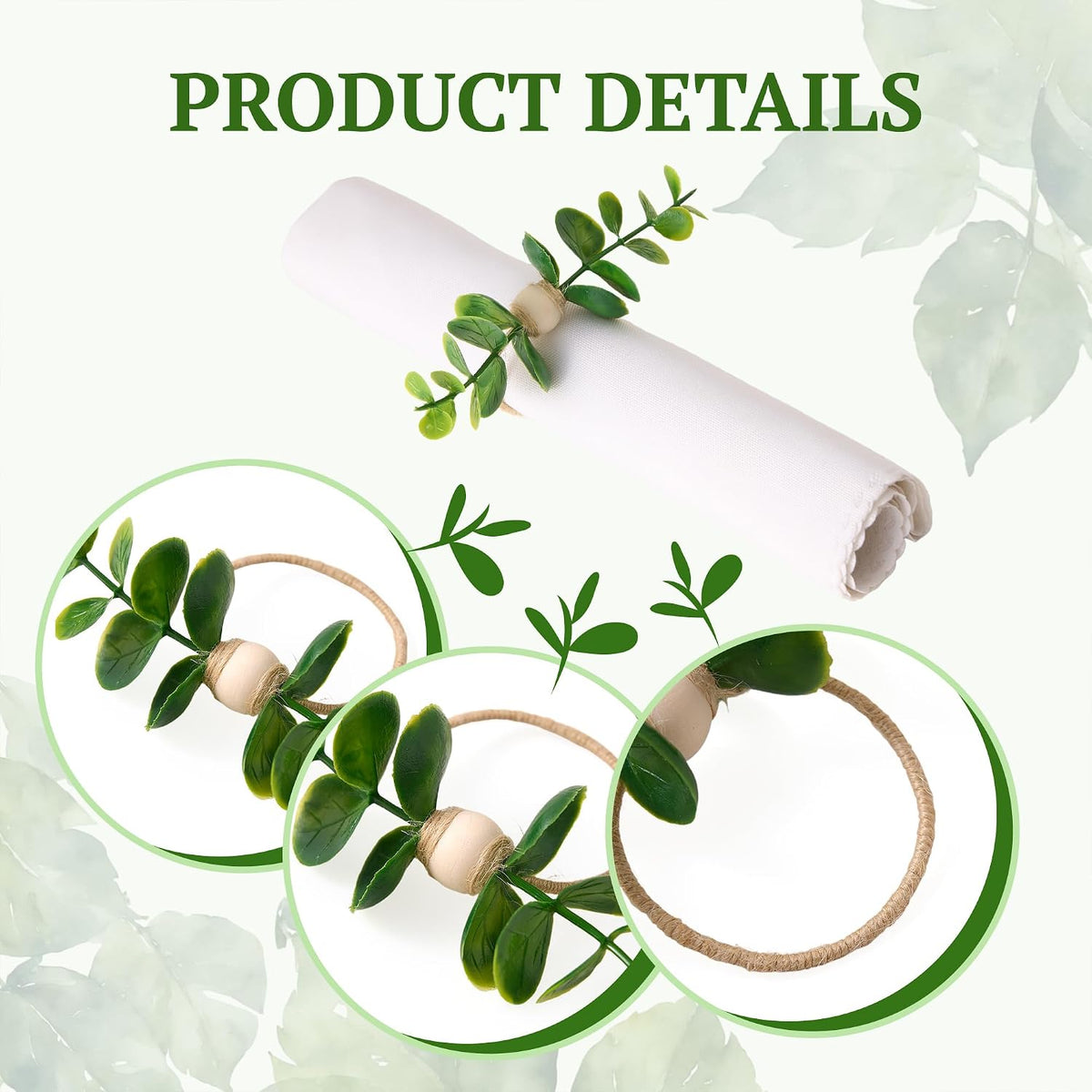 APTWOW Spring Napkin Rings Set of 12, Boho Eucalyptus Leaf Napkins Rings, Wood Bead Farmhouse Easter Napkin Holder for