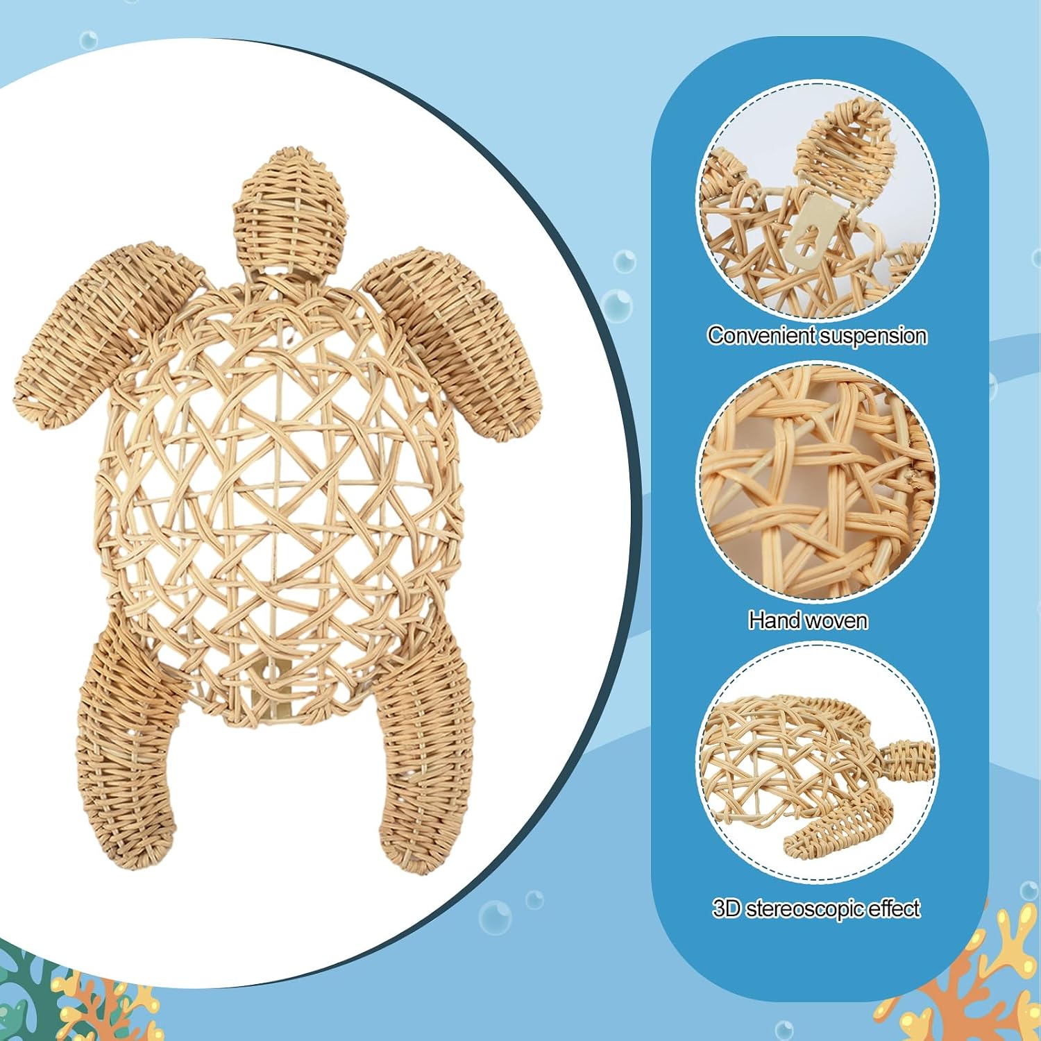 Semi Stereo Wicker Sea Turtle Wall Decor Coastal Beach Boho Handmade Wicker 2 Size Boho / Set of 2