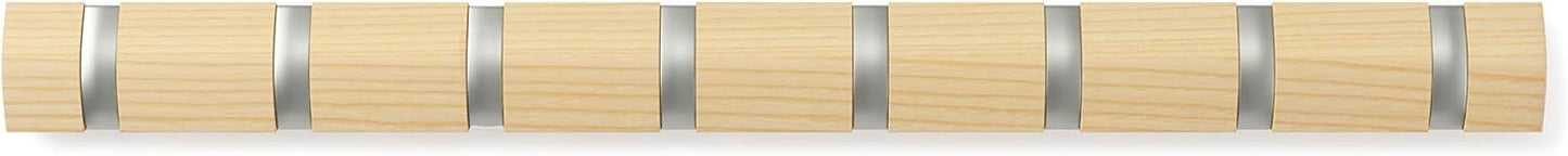 Umbra Flip Coat Rack, Wall Mount 8-Hook, Space Saving, Natural/Nickel | Real wood and steel build, retractable hooks