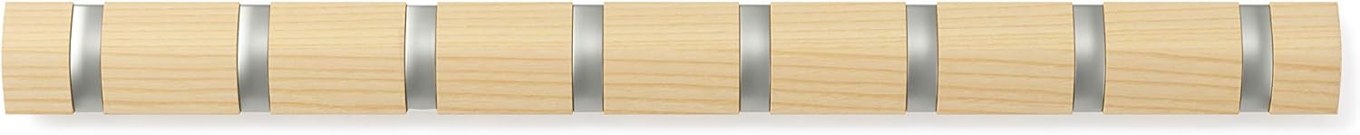 Umbra Flip Coat Rack, Wall Mount 8-Hook, Space Saving, Natural/Nickel | Real wood and steel build, retractable hooks