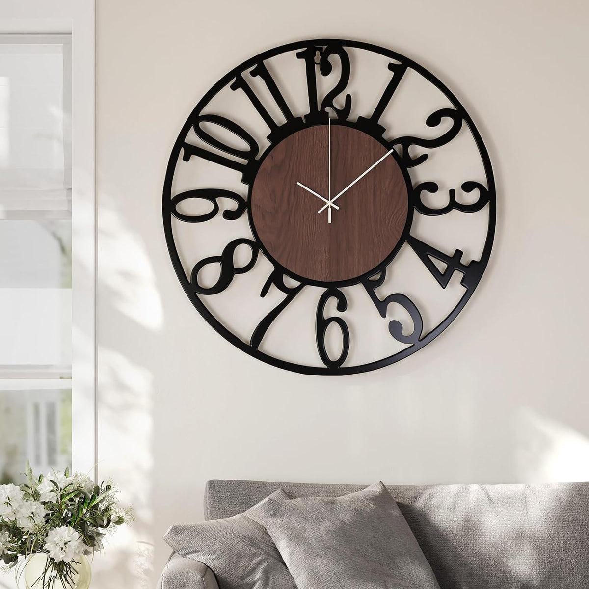 Cuspin 30 Inch Large Wall Clock Black Metal Frame with Walnut Center Dial | Wood and Metal, Battery operated, Silent