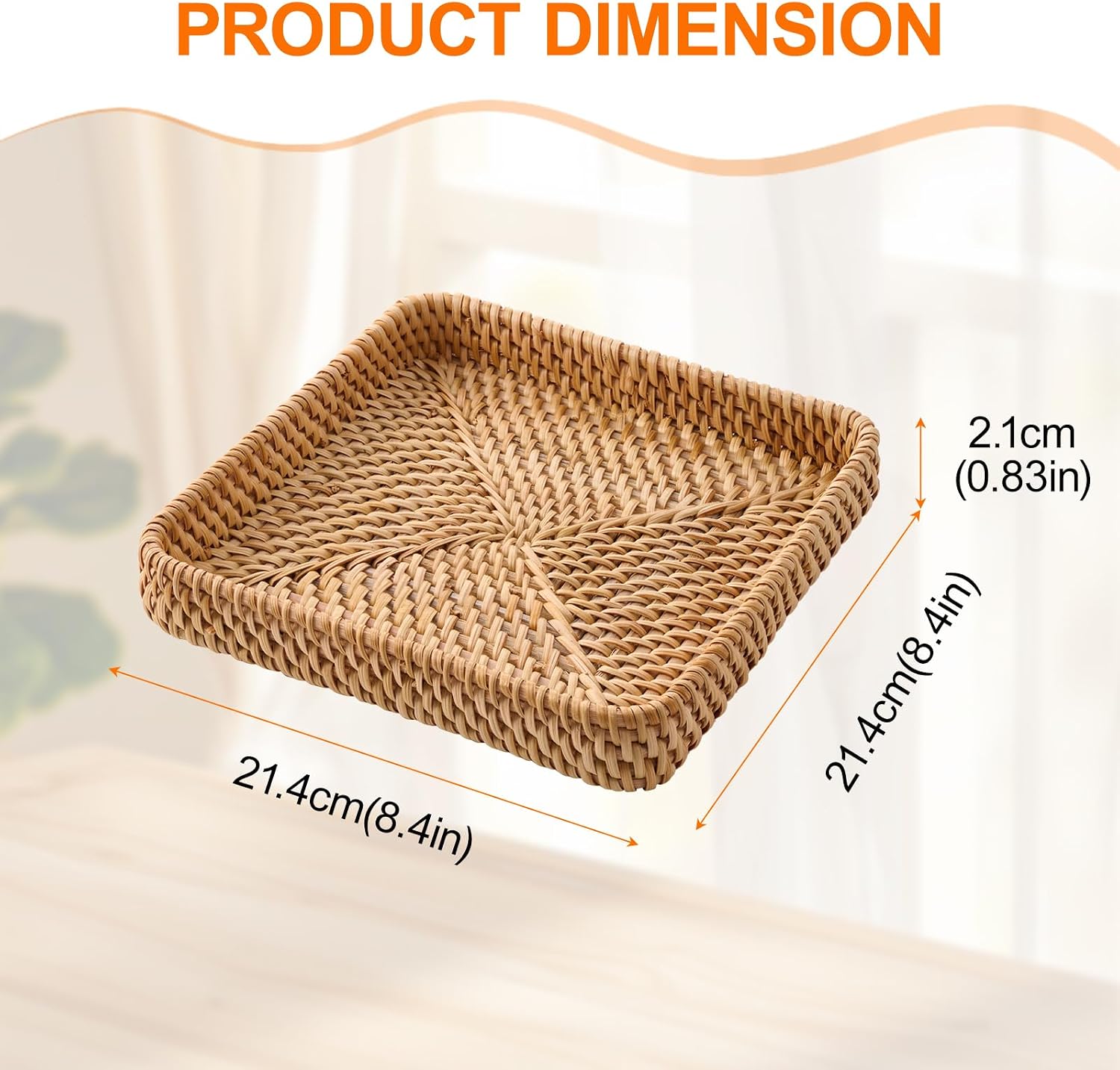 Square Rattan Tray Set 8" Vietnam Rattan Decorative Tray Entryway Key Basket Hard Wicker / Set of 2