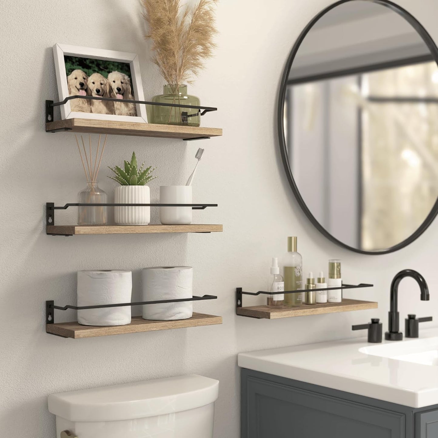 RICHER HOUSE 4-Piece Bathroom Paulownia Wood Shelves Set, Wall Mounted, Protected Guardrail, 20 lbs Weight Capacity