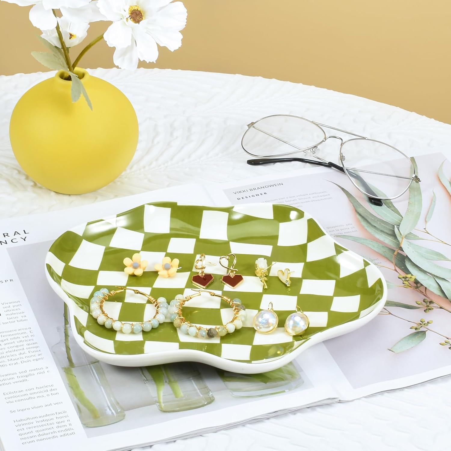 Ceramic Jewelry Dish Trinket Tray Organizer / Green Plaid