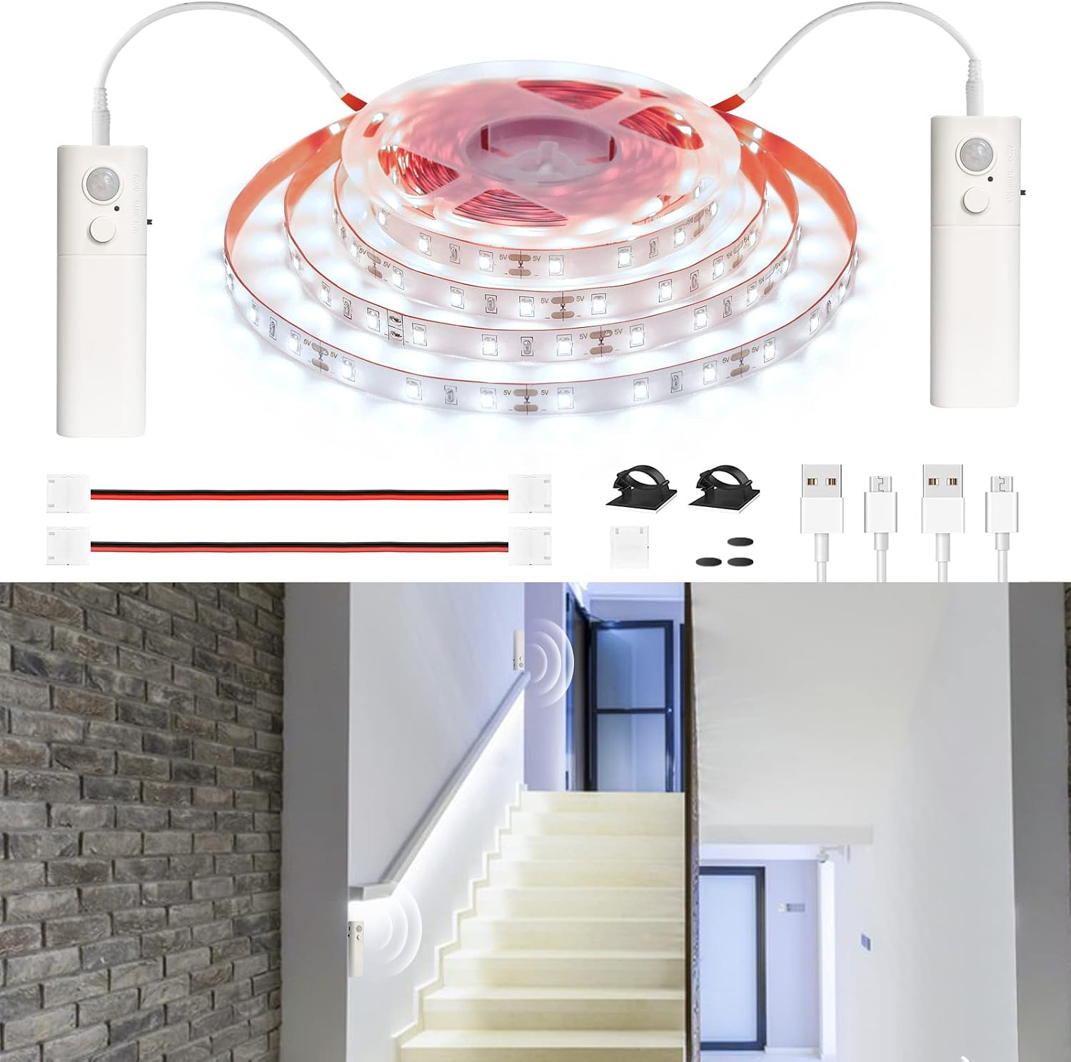 WOBANE 16.4ft Dual Motion Sensor Stair Lights Strip, Rechargeable LED Strip | 150 LEDs Cuttable Tape Lighting for