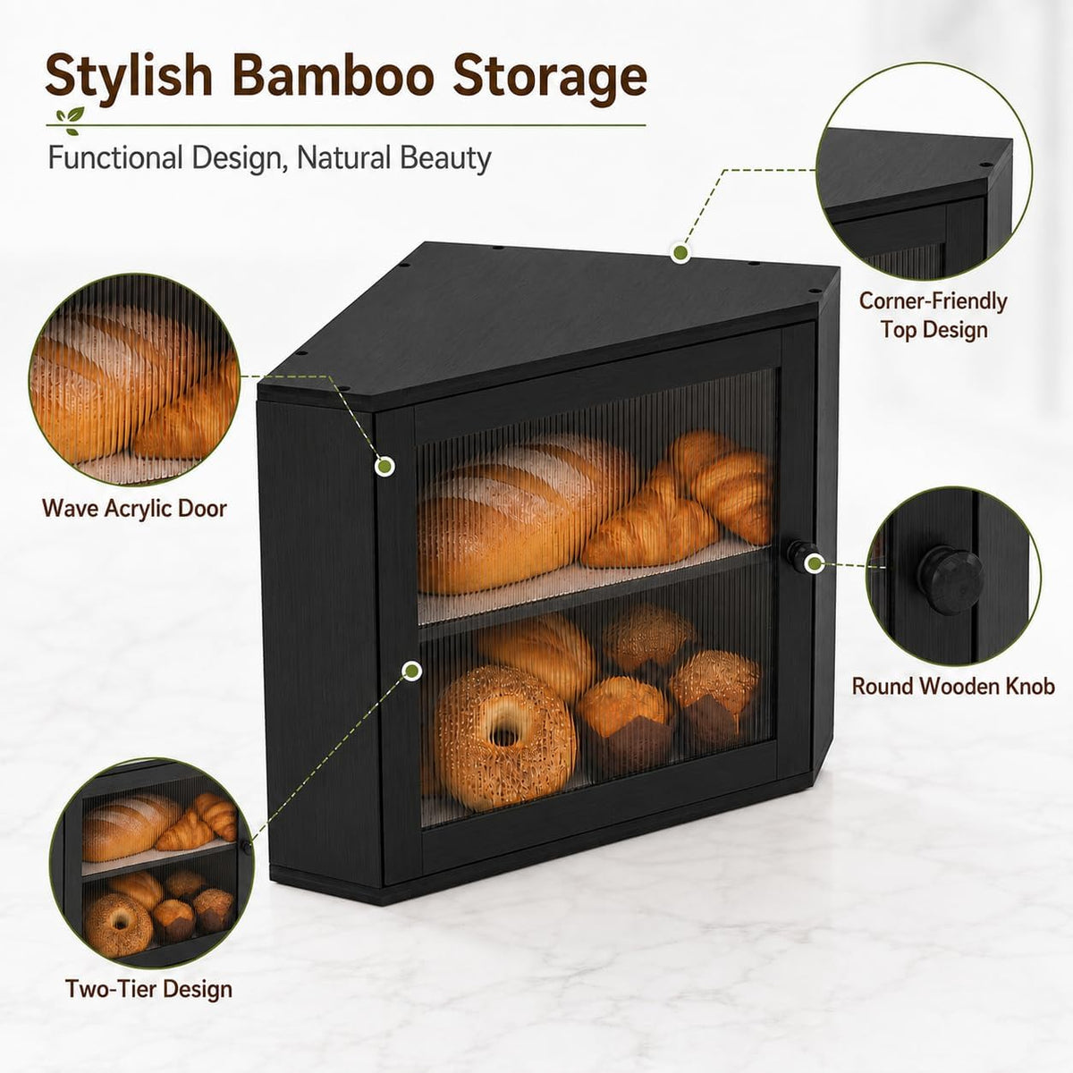 BAMBANG Corner Bread Box for Kitchen Countertop, Large Capacity Bamboo Wood Bread Storage Container, 2 Tier Farmhouse