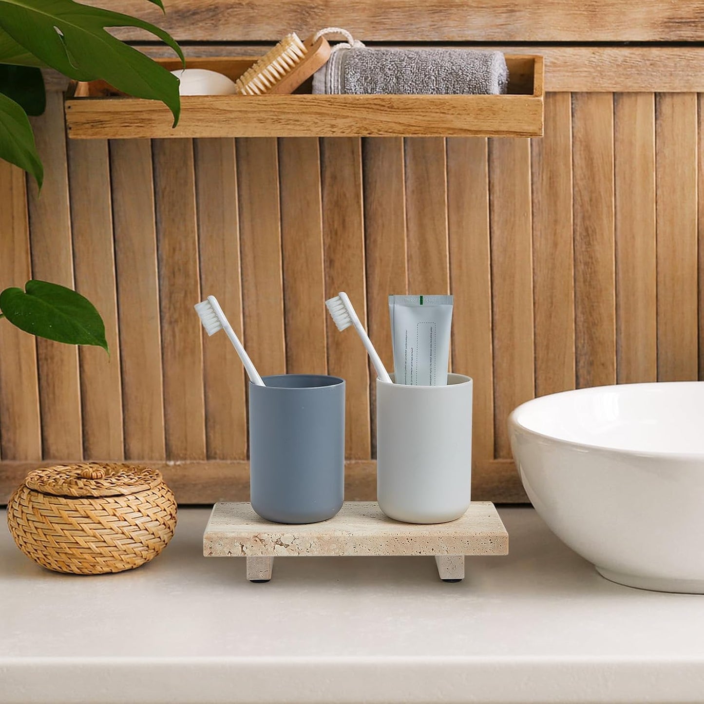 Vanity Organizer / Tray Pedestal Stand / Travertine / 8.7 x 4 x 1.6 / Natural