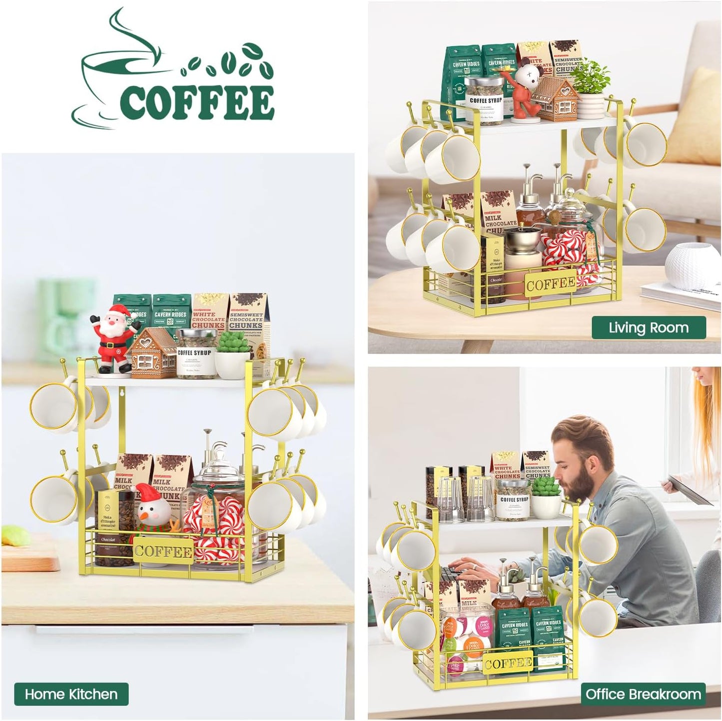EsLuker.ly Coffee Mug Cup Holder Tree Bar Station Organizer, 2 Tier Gold | Mug Stand Rack for Countertop Kitchen