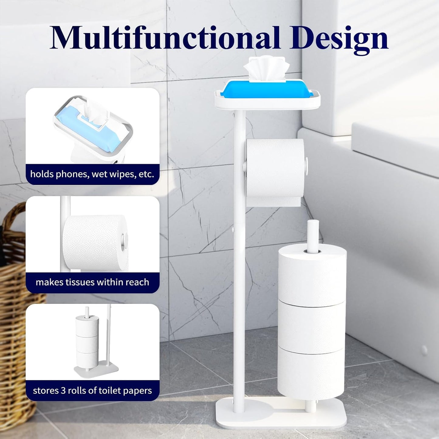Kitsure Metal Toilet Paper Holder Free Standing, Medium, White | Rustproof Toilet Paper Stand for 4 Rolls, Bathroom