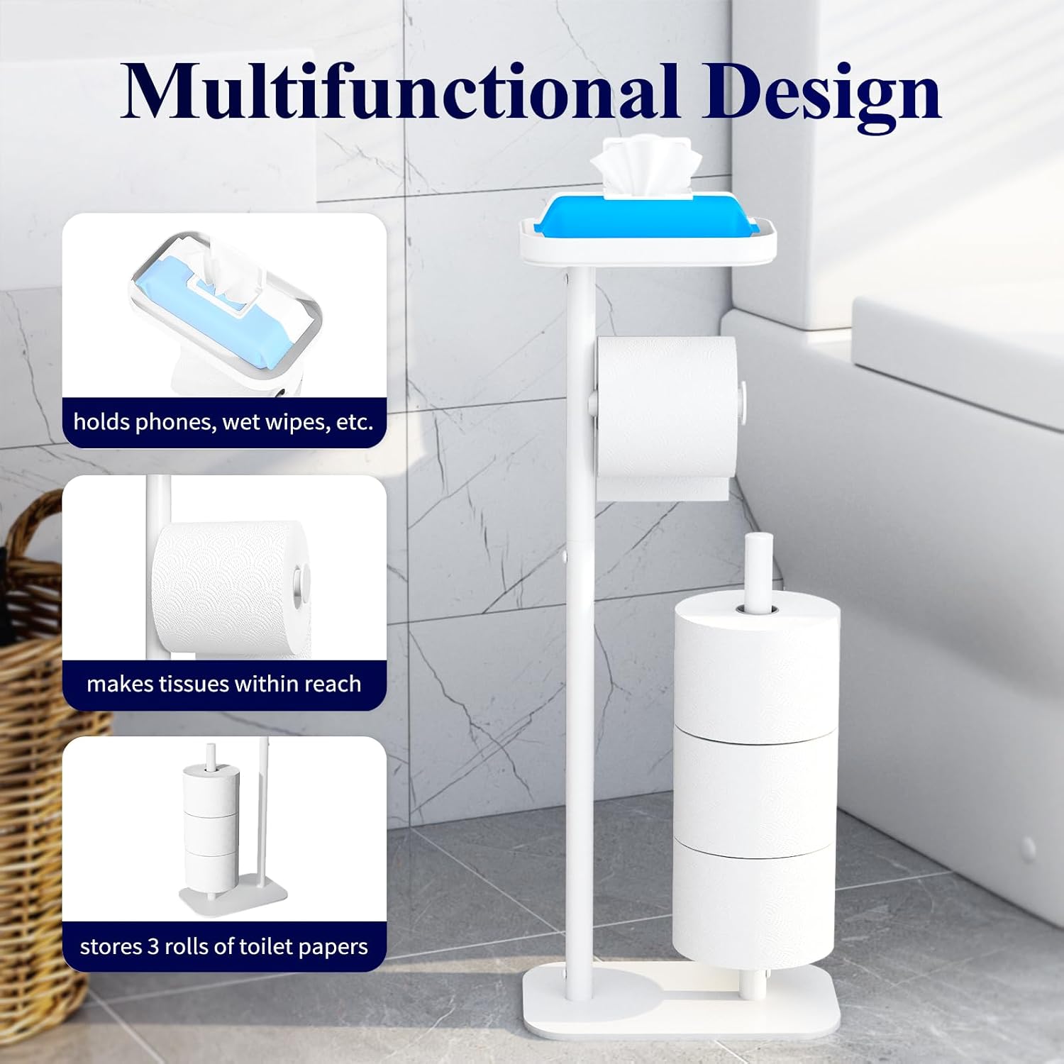 Kitsure Metal Toilet Paper Holder Free Standing, Medium, White | Rustproof Toilet Paper Stand for 4 Rolls, Bathroom