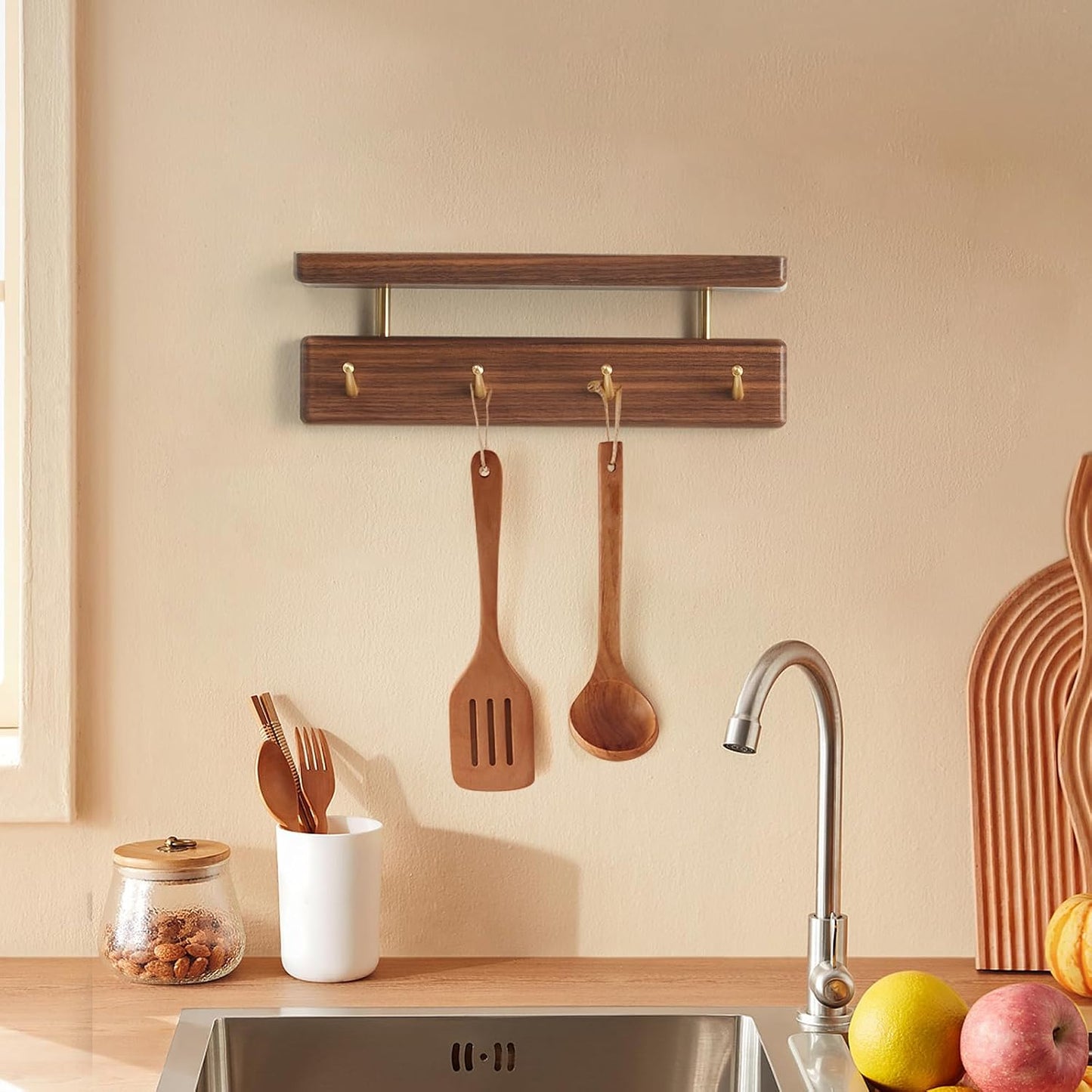 Solid Wood Shelf with Hooks, 12 inch Coat Rack Wall Mount, Shelves with 4 Brass Hooks for Hanging in Entryway, Living