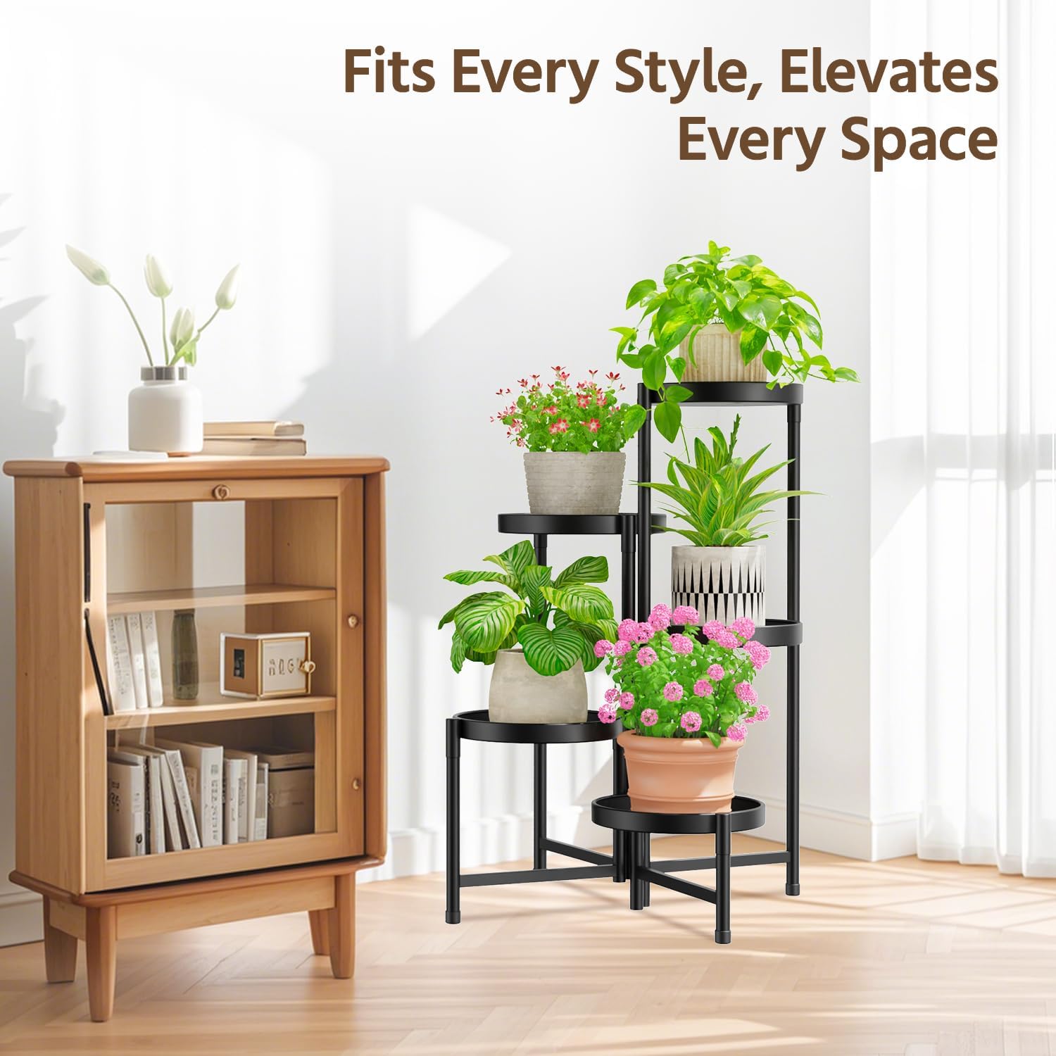 LASZOLA Plant Stand Indoor with 10 Inch Large Metal Tray, 5 Tier Black | Corner Tall Folding Flower Display Rack