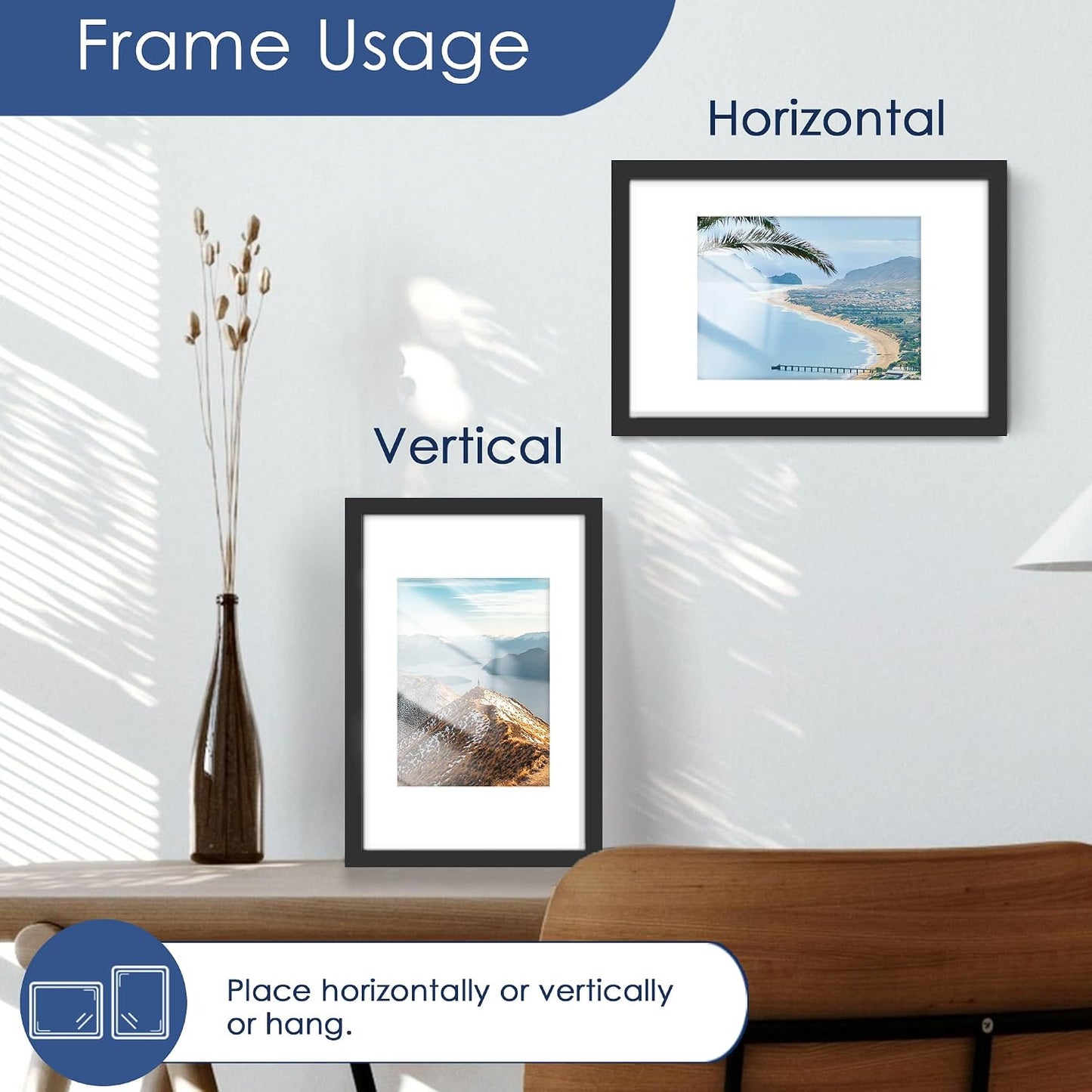 8x12 Picture Frame Set of 6, Wall or Tabletop Display, Black | Display 6x8 with Mat or 8x12 Without Mat, Horizontal or