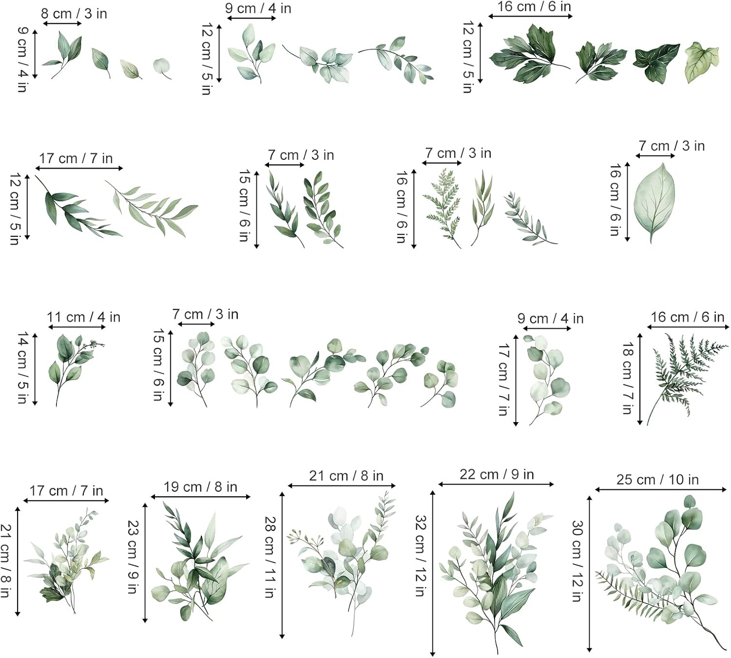 Botanical Leaves Wall Stickers Eucalyptus Leaf Plants Wall Art Decals Bedroom Living / B / Green