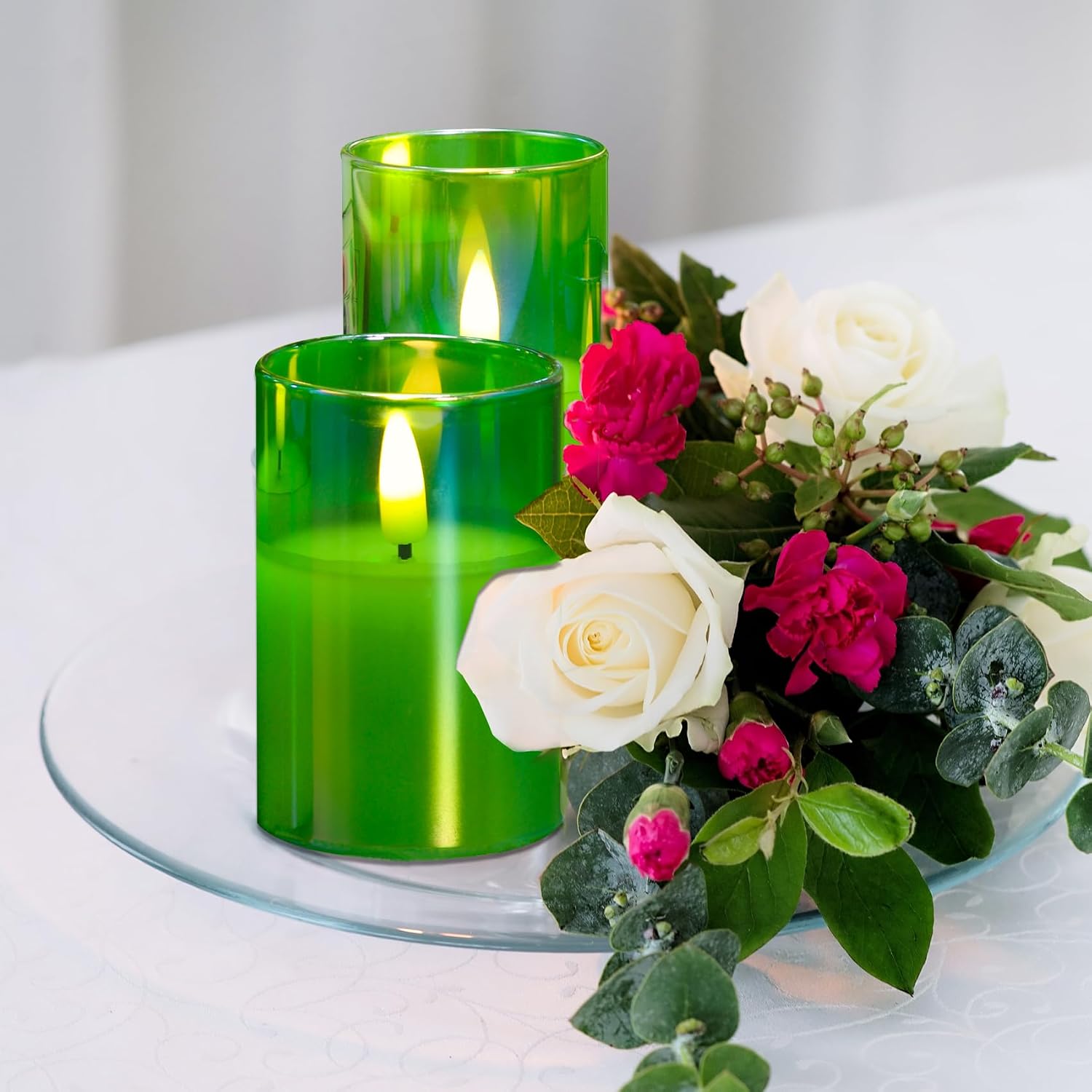 Green Glass LED Pillar Candles with Remote Batteries Set of 5 | Flickering Slim Tall LED Candles, Fireplace Home Table