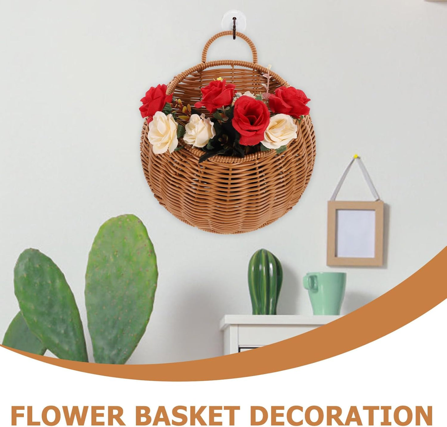 Wall Hanging Flower Basket Lightweight Woven Rattan Plant Holder / 10.62 x 9.25 x 3.93