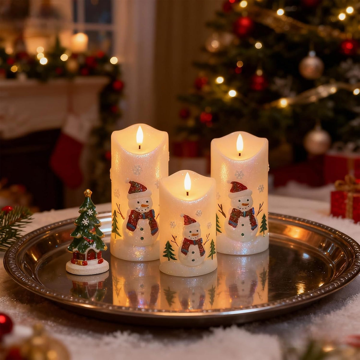 Snowman Carved Flameless Candle Battery Operated with Remote Timer | LED Flickering Pillar Long Lasting, Real Wax Hand