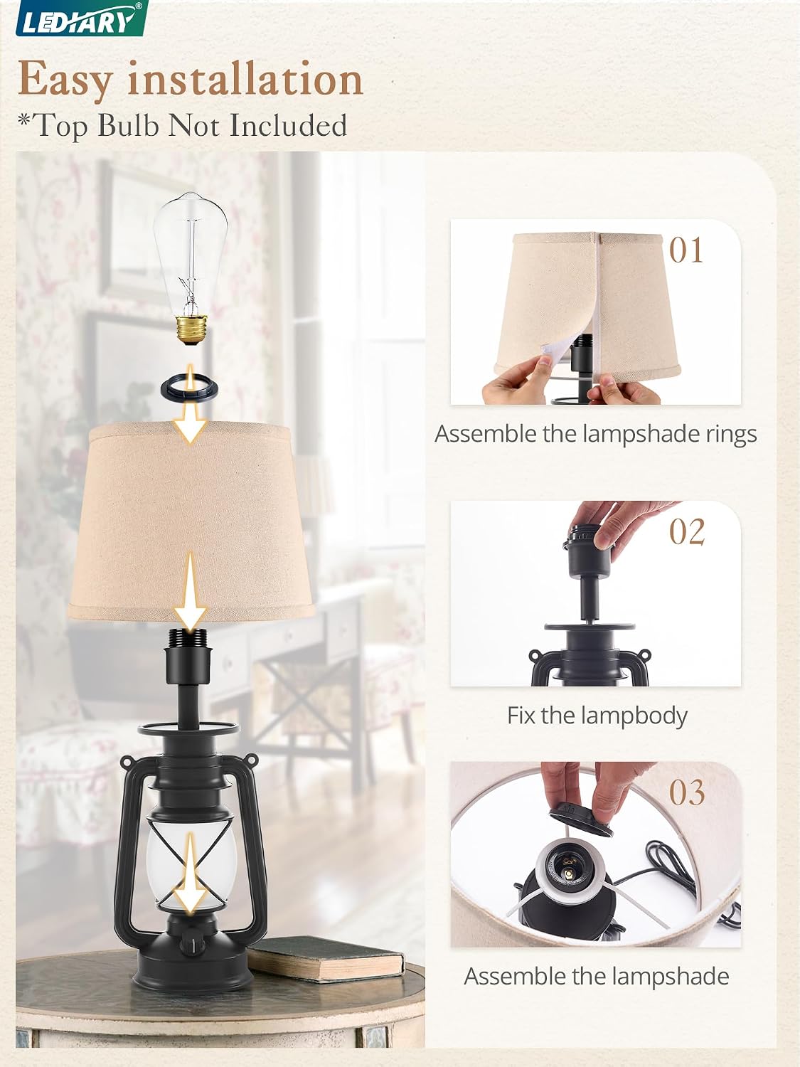 LEDIARY 18.72" Black LED Lantern Flickering Flame Table Lamps Set of 2 | Small Farmhouse Vintage End Table Lamps
