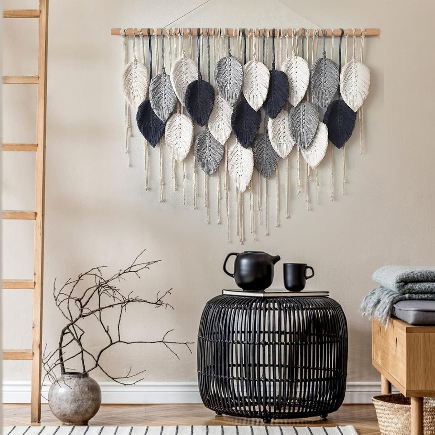Macrame Wall Hanging Leaf Woven Tapestry Bohemian Chic Wall Hanging Feather Large / 39"W x 29.5"L