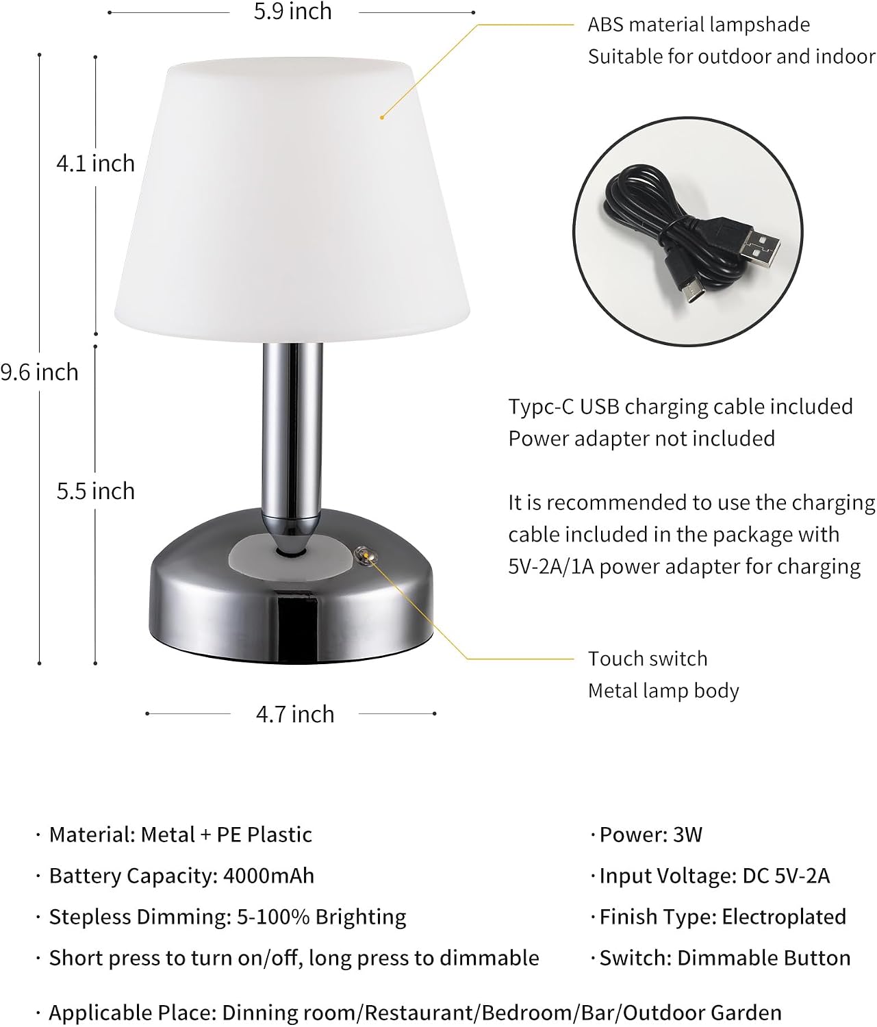 KDG Silver Cordless Small Table Lamp, Portable LED Dimmable Desk Lamp | Modern 4000mAh Rechargeable Battery Operated