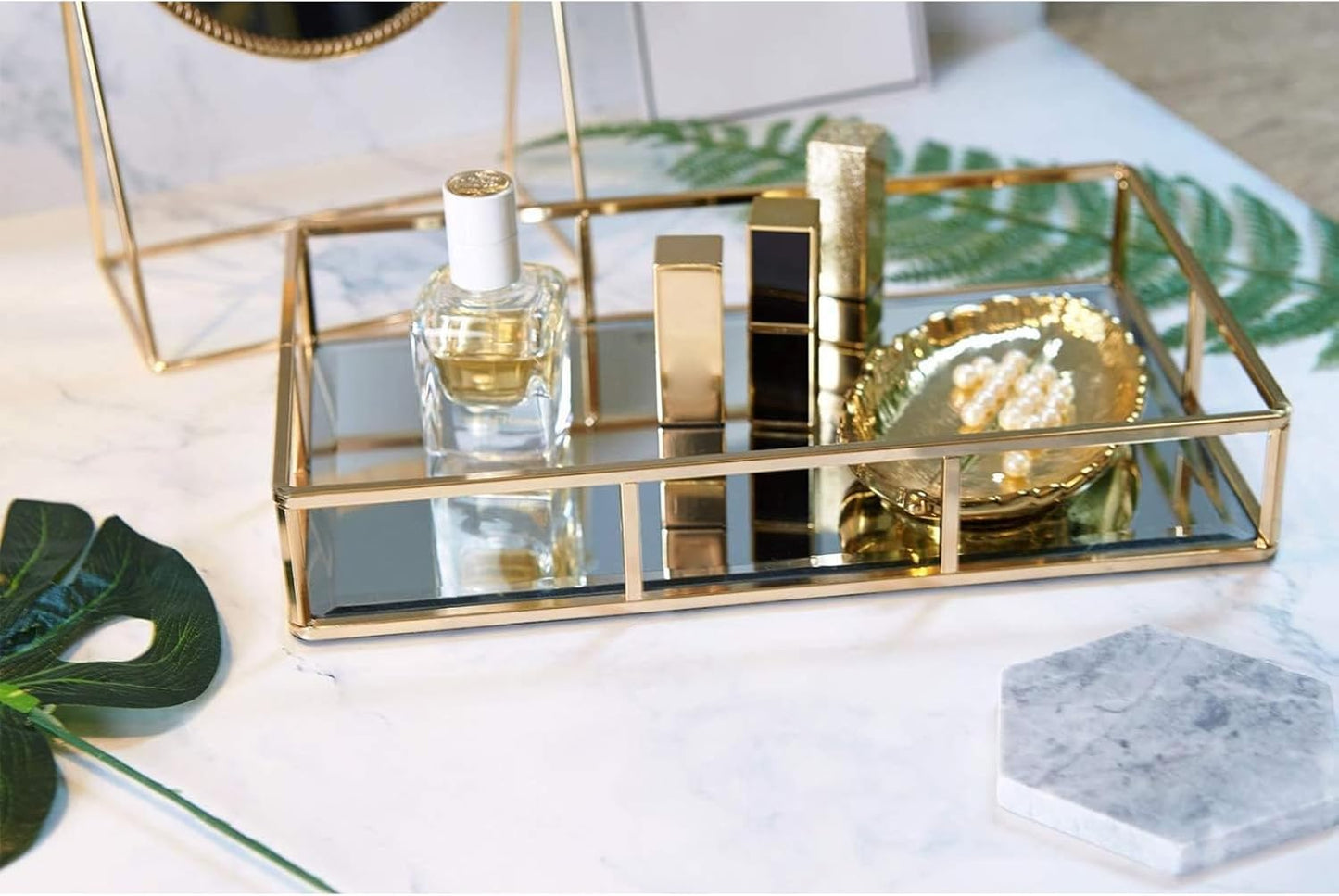 Dresser Ornate Tray Metal Decorative Tray Jewelry Perfume Organizer Makeup Tray for Vanity / Gold