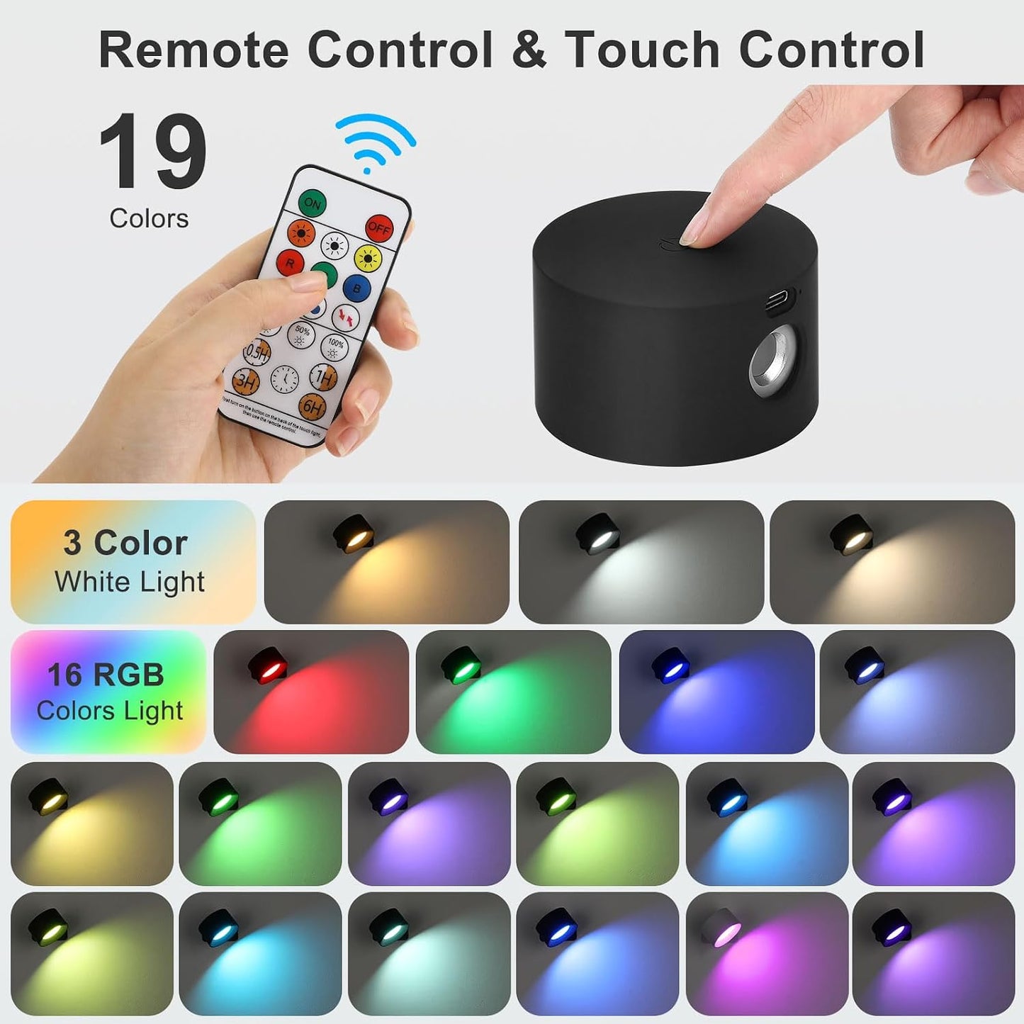 Lightess 2PC LED Wall Sconces, 19 Colors Dimmable Wall Mounted Lamp with 5000mAh Rechargeable Battery, 360°Rotate