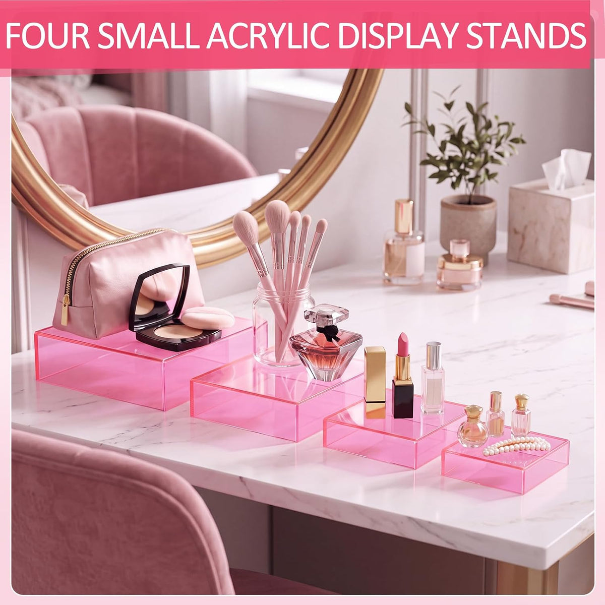 8 Pack Acrylic Buffet Display Risers for Food Jewelry,Pink,Flat | 3-10 Inch Cube Boxes with Hollow Bottoms, Clear