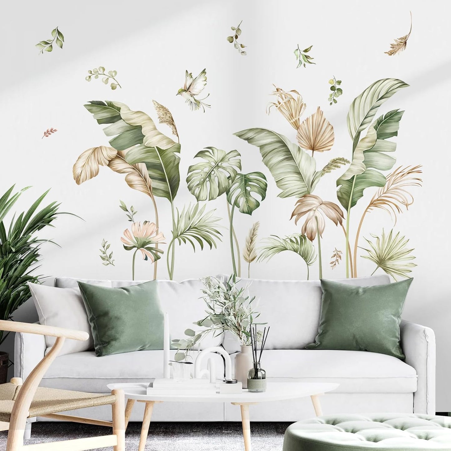 Boho Tropical Leaves Wall Decals Palm Leaf Plants Wall Stickers Living Room Bedroom Office / Green