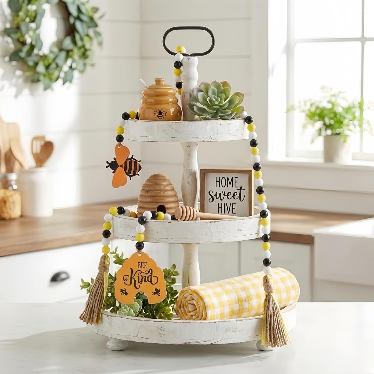 Honey Bee Wood Bead Garland Rustic Farmhouse Tiered Tray Decor / Yellow / Set of 2