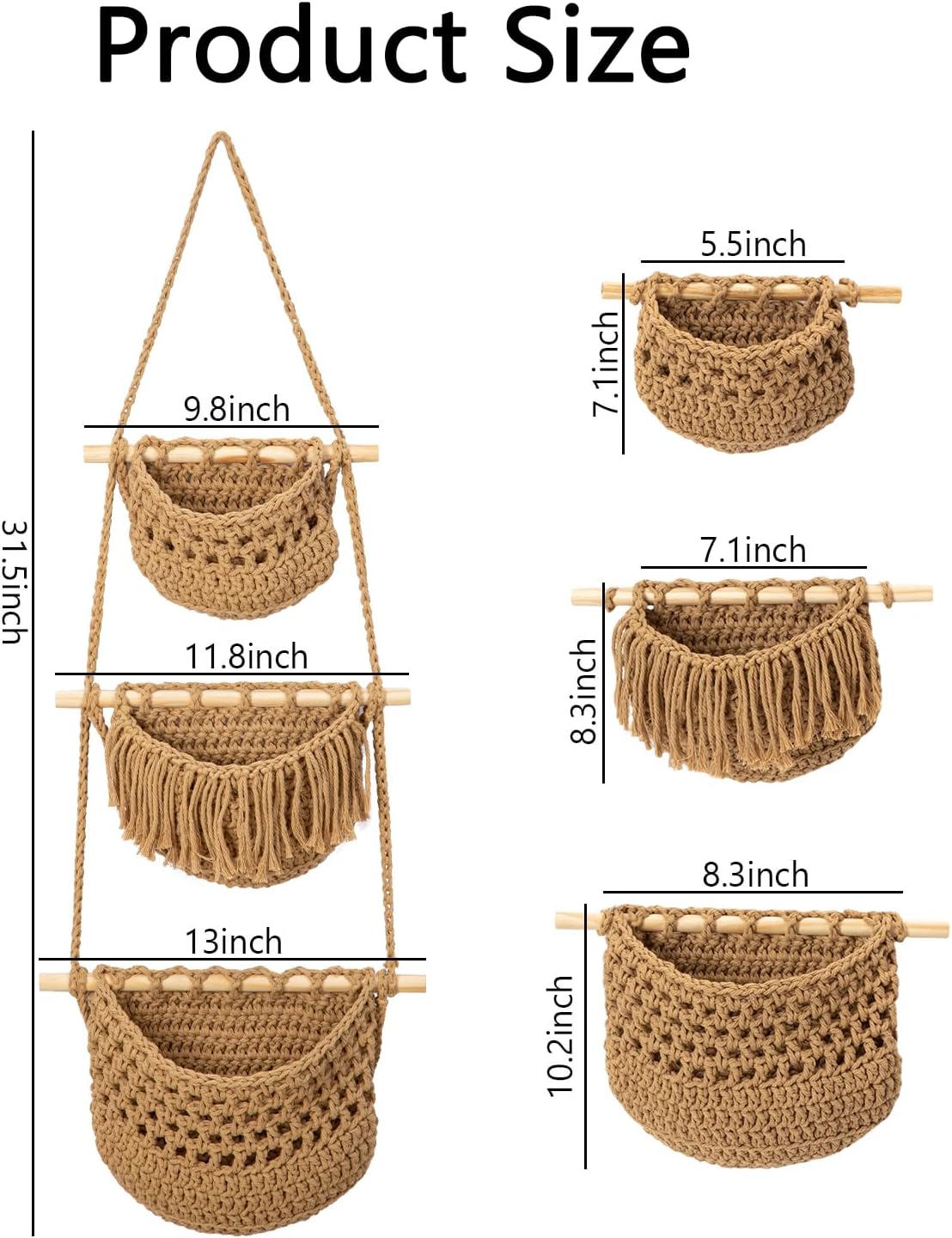 3 Tier Woven Wall Basket / Brown