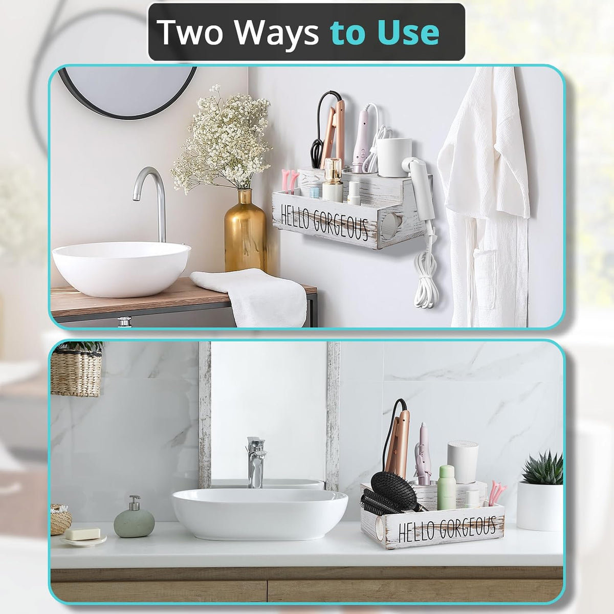 Bivvclaz Hair Tool Organizer, Rustic White Wood Hair Dryer Holder Countertop, Wall Mount Hot Tools Organizer for Hair