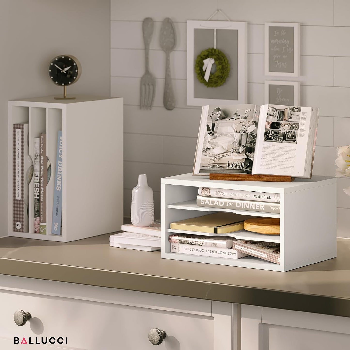 Ballucci File Organizer, 3-Tier Document Paper Sorter, Stackable Wood Desk Organizer, Mail Sorter and Monitor Stand