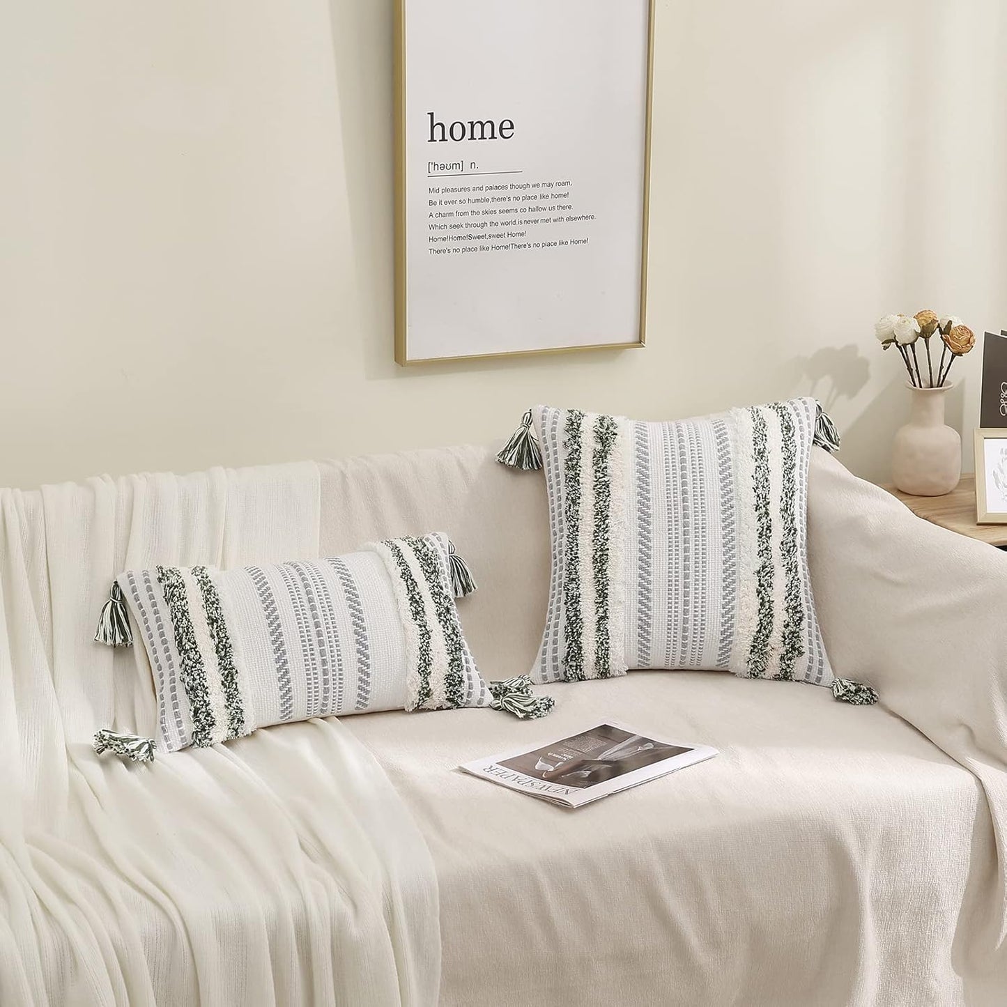 Summer Decorative Boho Throw Pillow Cover / 18 x 18 / Green and Cream White
