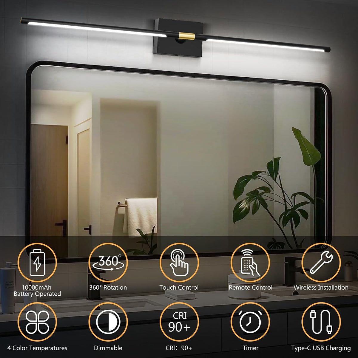 Eneru Battery Operated Wall Sconce, Rechargeable Wireless Light 1 Pack 4CCT | 10000mAh Battery Powered, Touch and
