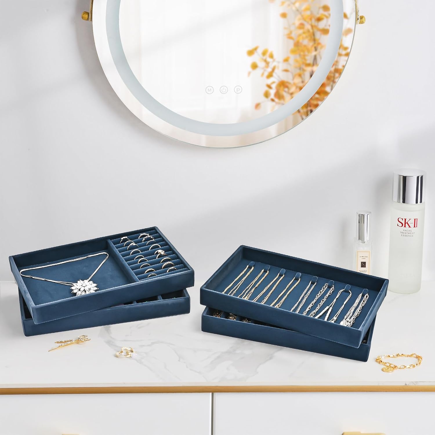 Stackable Jewelry Organizer Trays for Drawers / 4 Layers / Darkblue