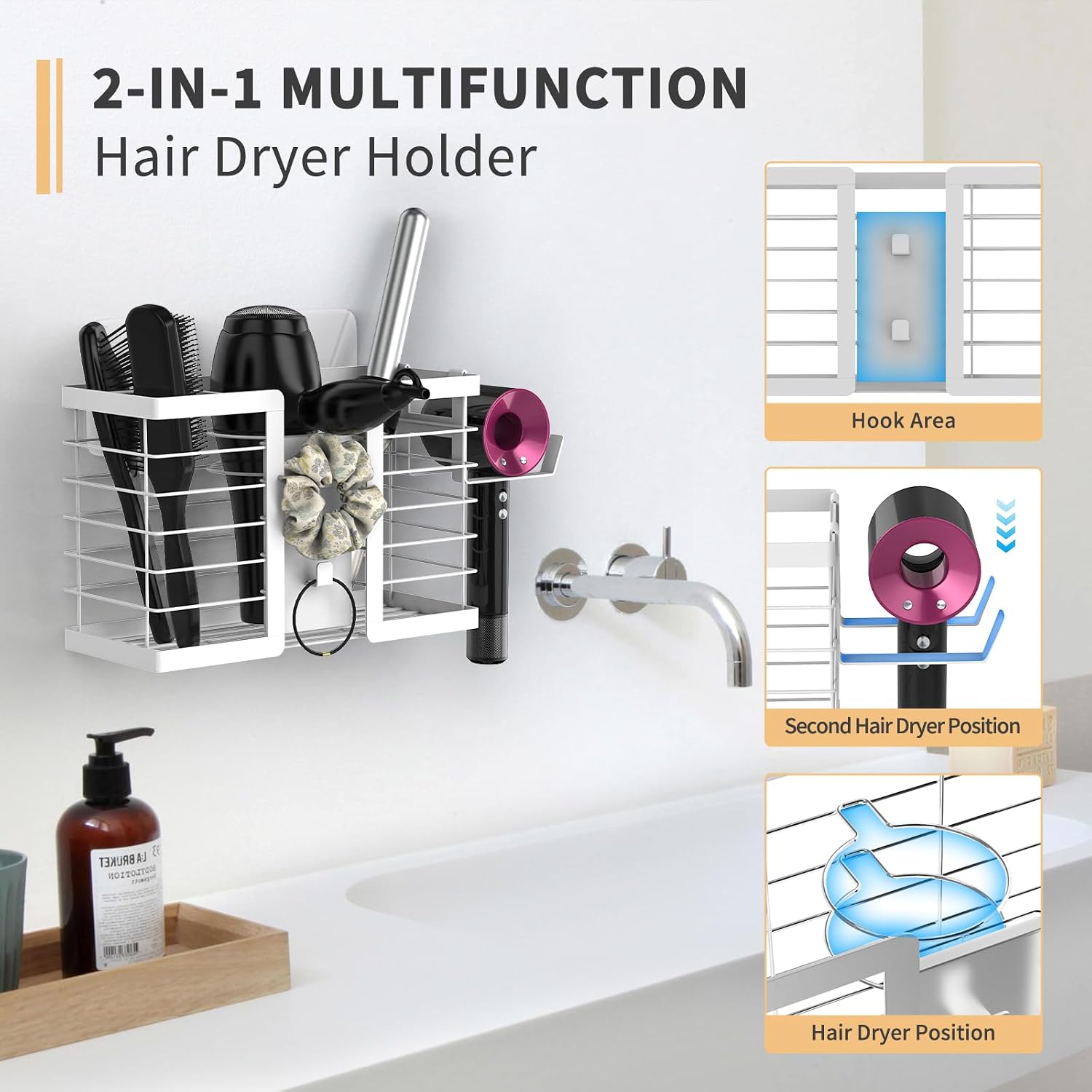 FUNKYLEE Bathroom Organizers and Storage, 3 in 1 Metal Wall Mount for Flat Iron, Curling Iron, Straightener, Hair Care
