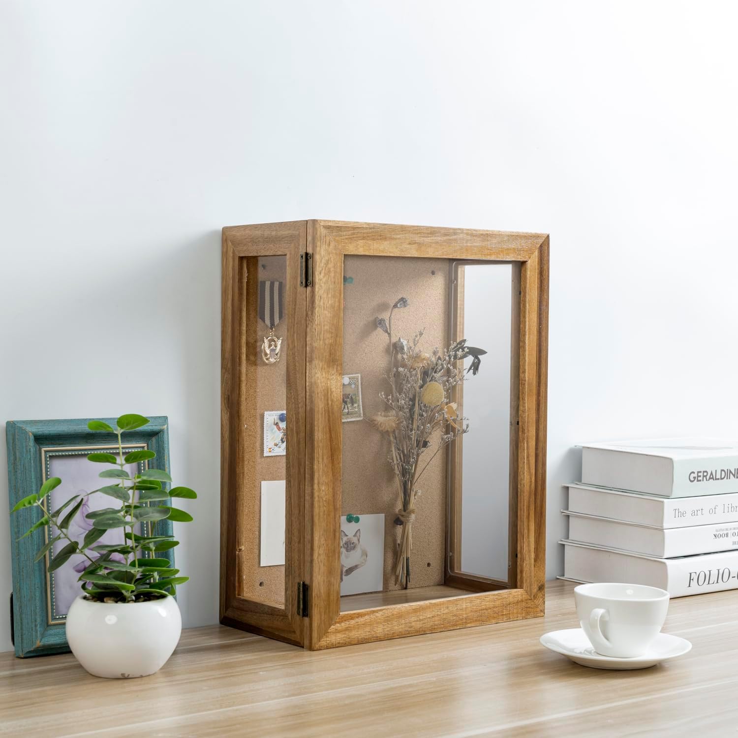 MyGift 11 x 15 Inch Wall Mounted Acacia Solid Wood Deep Shadow Box | Cork Back, Premium Clear Acrylic Viewing Panels
