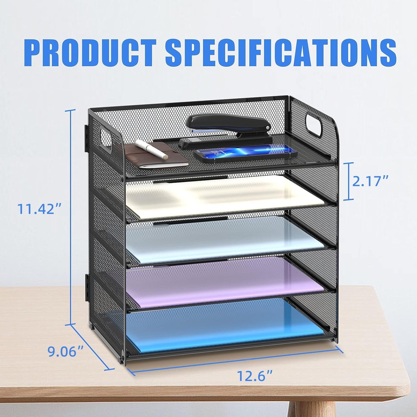 2 Pack 5-Tier Desk Organizer with Handle Mesh Desk File/Paper Organizer Letter Tray for Office, School, Classroom and