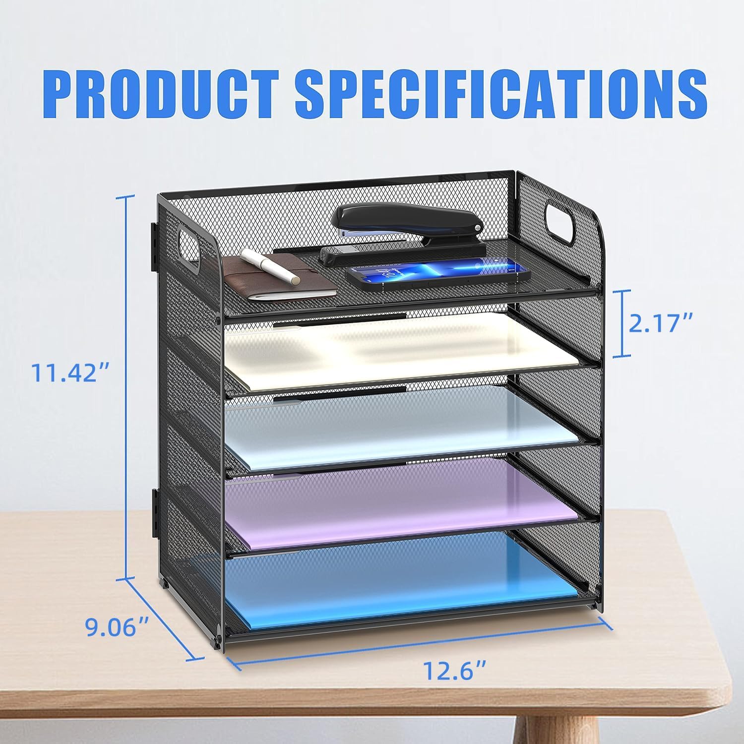 2 Pack 5-Tier Desk Organizer with Handle Mesh Desk File/Paper Organizer Letter Tray for Office, School, Classroom and
