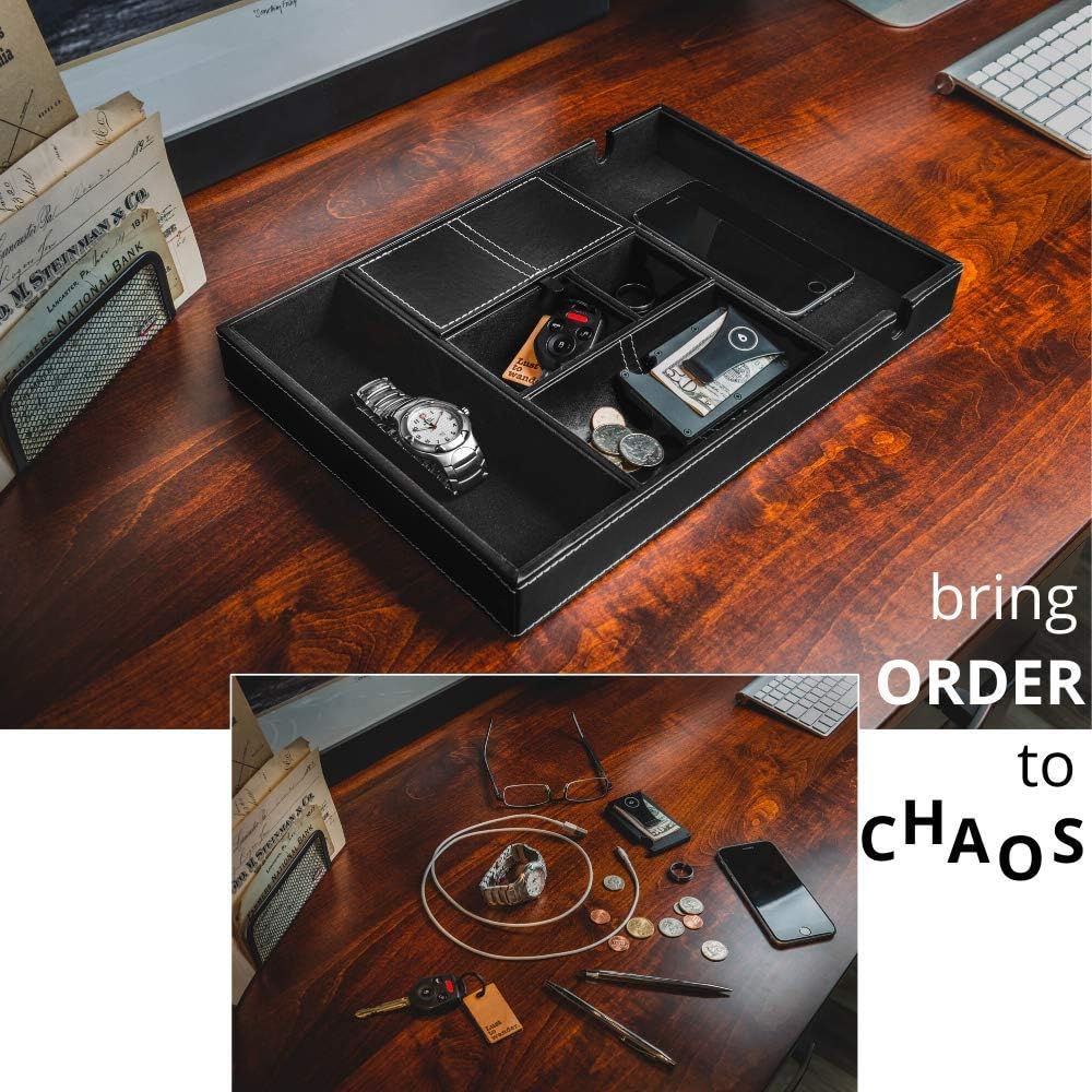 ULTRAY, Valet Tray for Men, Nightstand Organizer, Entry Table Organizer, Catch All, Black Faux Leather Box, 6