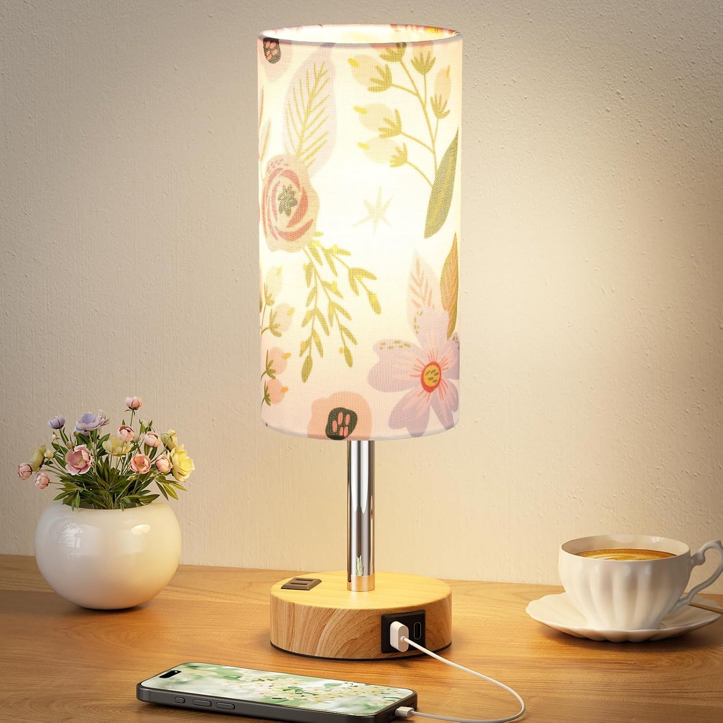 Fenmzee Floral Bedside Lamp for Bedroom, Dimmable Touch, USB A+C, AC Outlet