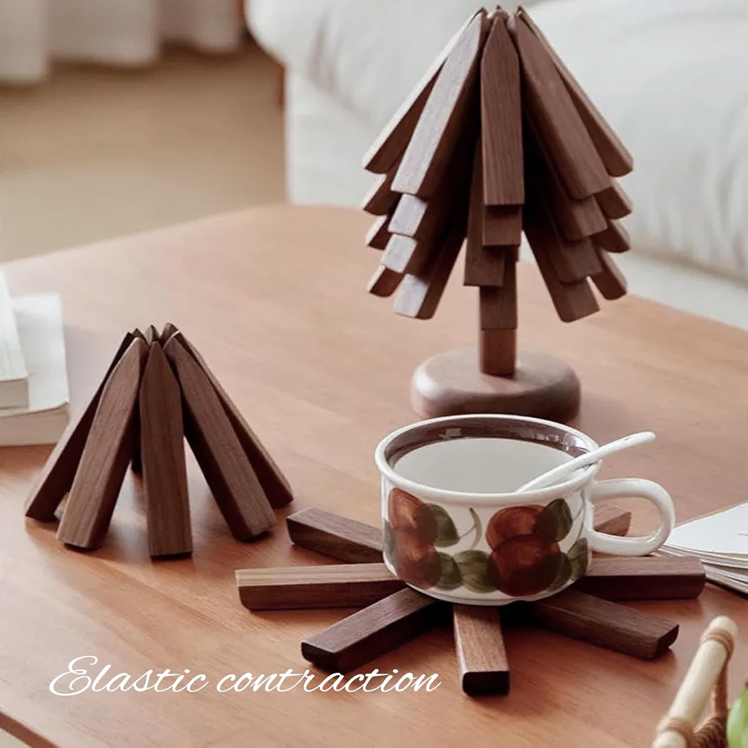Trivets for Hot Dishes, 4 Artful Foldable Wooden Hot Pads for the Kitchen, Store as a Decorative Christmas Tree for