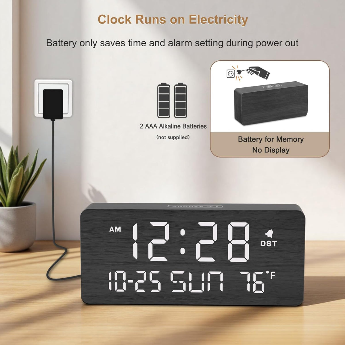 DreamSky Wooden Digital Alarm Clocks for Bedrooms with Date & Day of Week | Living Room Desk Clock, Temperature, USB