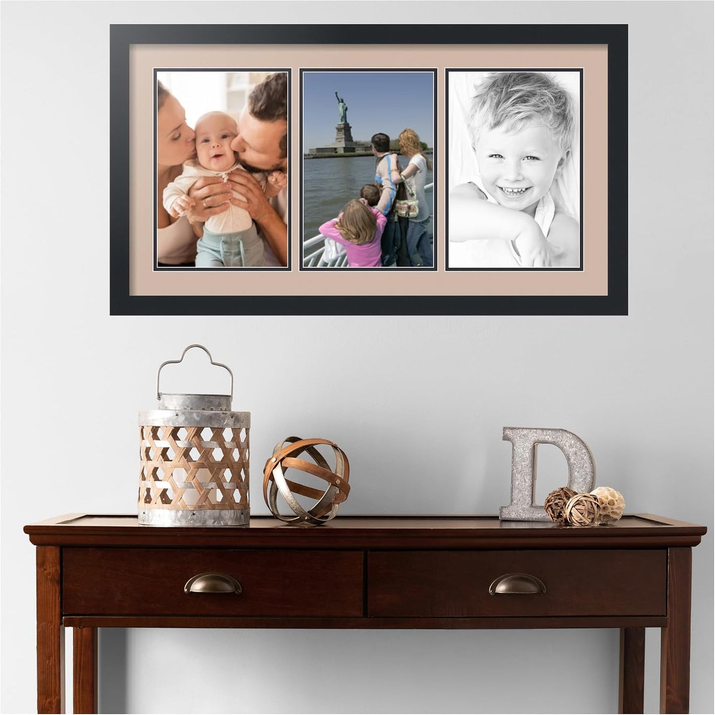 ArtToFrames Collage Picture Frame 3 Opening 3-8x12 Photo Frame | Made in USA | Black Frame Grey Beige and Black Mats