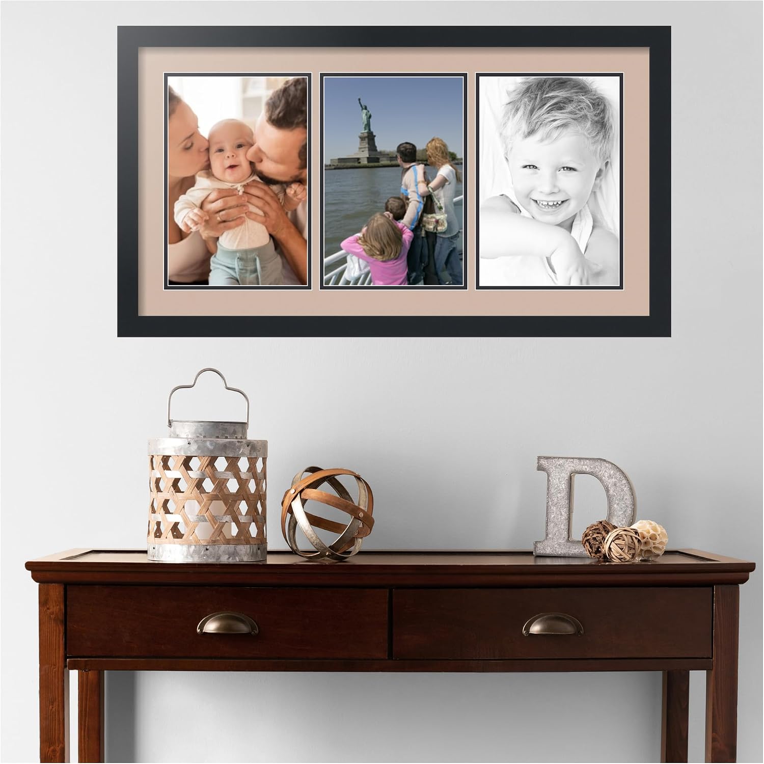 ArtToFrames Collage Picture Frame 3 Opening 3-8x12 Photo Frame | Made in USA | Black Frame Grey Beige and Black Mats