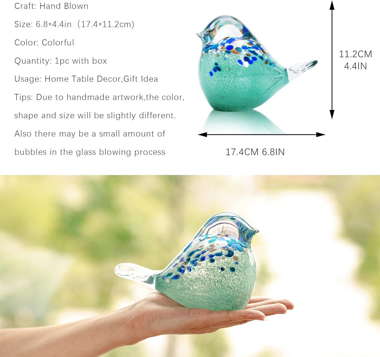 7" Big Handmade Glass Bird Figurines Blown Glass Bird Paper Weight Collectibles Art Animal / Blue