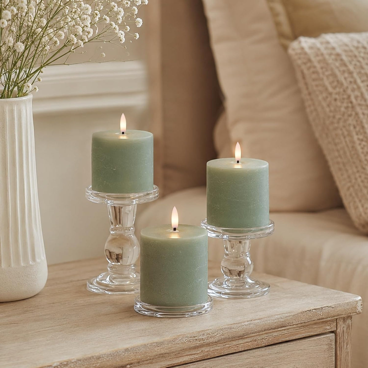 Olive Green Flameless Pillar Candles, 3 x 3 Inch, 3 Pack with Remote | Battery operated candles with remote and timer